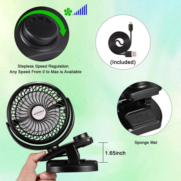 ADDSMILE Battery Operated Clip On Fan Rechargeable Desk Fan for Baby Stroller Car Gym Home Office Outdoor Traveling and Camping Black - Image 4