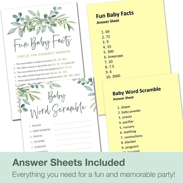 Baby Shower Games for Boy or Girl - Set of 4 Games for  Guests - Double Sided Cards - Floral Greenery Eucalyptus Flowers - Image 3