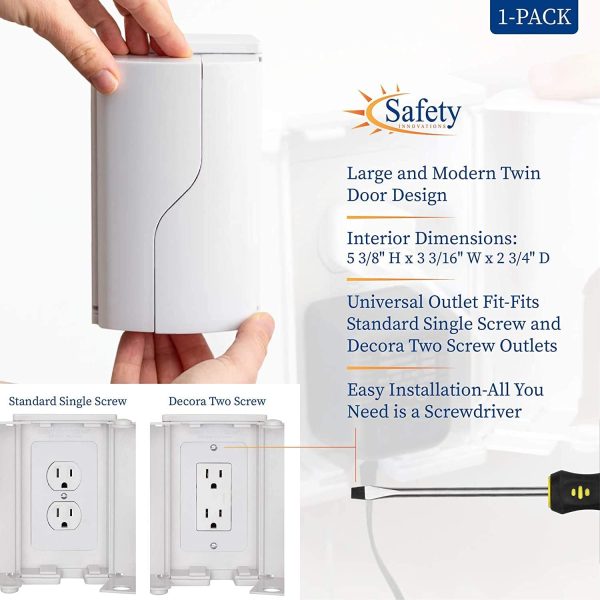 Safety Innovations Twin Door Babyproof Outlet Cover Box for Babyproofing Outlets - More Interior Space for Extra Large Electrical Plugs and Adapters - Easy to Install - Easy to Use, (1-Pack) - Image 2