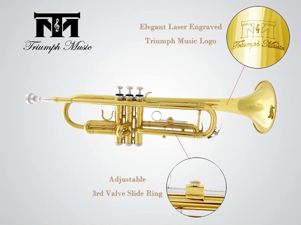 Triumph Standard Trumpet Set, Bb Trumpet Brass Instrument for Students Beginners with Hard Case, Valve Oil, Cleaning Kit, 7C Mouthpiece, White Gloves, B Flat Trumpet Instrument, 6416L(Lacquer Gold) - Image 2