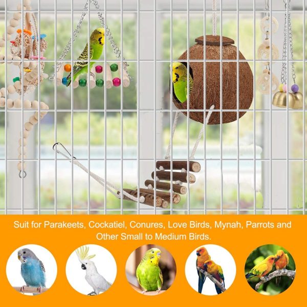 Bird Parakeet Toy Bird Cage Hammock Bird Perch Natural Coconut Hideaway with Ladder Swing Chewing Hanging Bell Toy with Mirror for Parrots,Parakeet,Conure,Cockatiel,Budgerigar,Love Birds,Mynah,Finches - Image 5