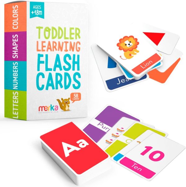 merka Large Alphabet Flash Cards for Toddlers 2-4 Years - Learn Colors Number Shapes Animals ABC Letters & Sight Words - Learning Toy Educational Preschool Toddler Flashcards - 58 Picture Cards - Image 7