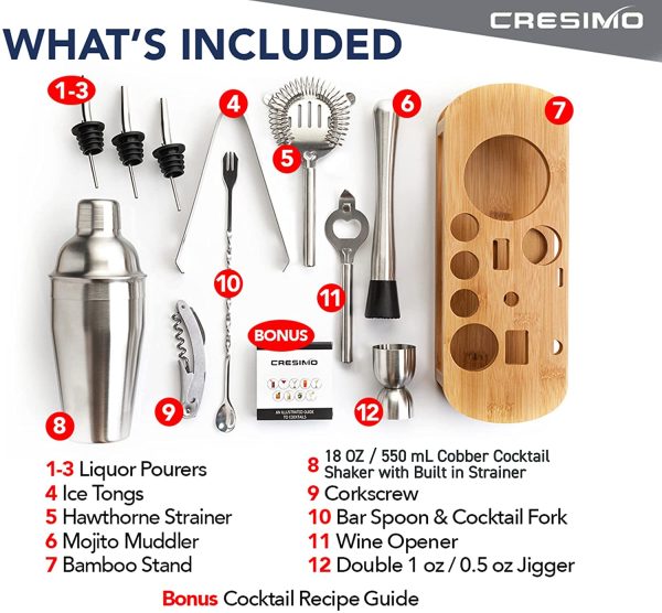 12pc Stainless Steel Cocktail Shaker Set - Cocktail Kit with Bamboo Stand, 18Oz Martini Shaker, Muddler, Jigger, Hawthorne Strainer, Cocktail Book & More - Home Bar Mixology Bartender Kit - Cresimo - Image 7