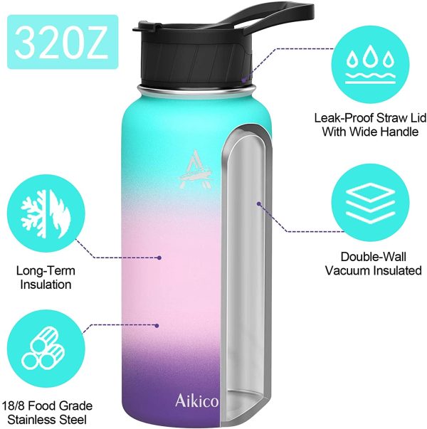 Stainless Steel Water Bottle with Straw Lid,32oz Vacuum Insulated Sports Water Bottle,Wide Mouth Thermos Mug with Wide Handle Straw Lid and Cleaning Brush,Hydrangea - Image 3