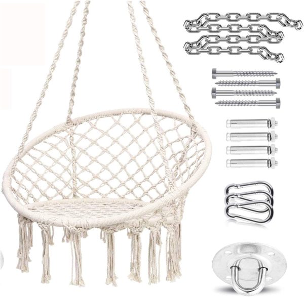 Ohuhu Hammock Chair Macrame Hanging Chair Swing with Hanging Hardware Kit, Cotton Rope Macrame Hammock Swing Chair, 265 Pound Capacity (Cushion is not Included) Gift Idea for Birthday - Image 2