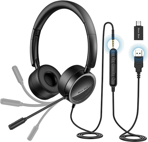 USB Headset  Computer Headset in-Line Call Controls Office Headset with Noise Cancelling Micphone Call Center Headset for Skype, Zoom, Laptop, Phone, PC, Tablet, Home with USB-C Adapter - Image 2