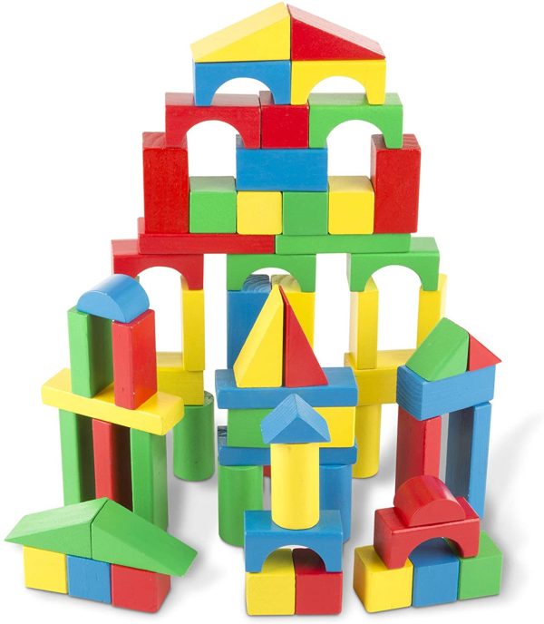 Melissa & Doug Wooden Building Blocks Set (Developmental Toy, 100 Blocks in 4 Colors and 9 Shapes)