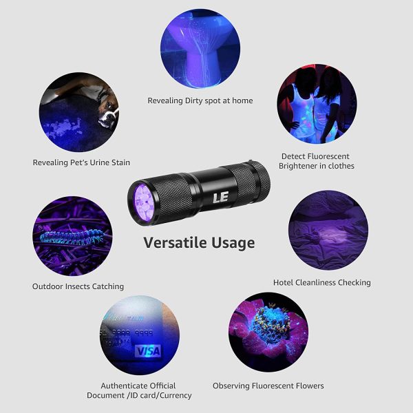 LE Ultra Violet LED Flashlight Blacklight, UV LED Flashlight, 9 LED 395nm, Pet Urine Stain Detector, 3 AAA Batteries Included, Find Stains on Clothes, Carpet or Rugs - Image 4