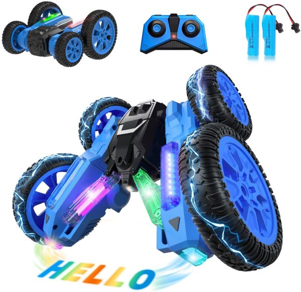 RCNOAH Remote Control Car - 2022 New Version - 3D Hologram LED RC Stunt Car 4WD Off-Road Fast Double Sided Running All Terrain RC Car for Kids 6 Years and Above, 2 Rechargeable Car Batteries & 2 USB Charging Cables - Image 6