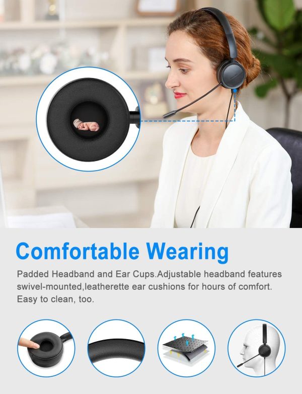 USB Headset  Computer Headset in-Line Call Controls Office Headset with Noise Cancelling Micphone Call Center Headset for Skype, Zoom, Laptop, Phone, PC, Tablet, Home with USB-C Adapter - Image 3