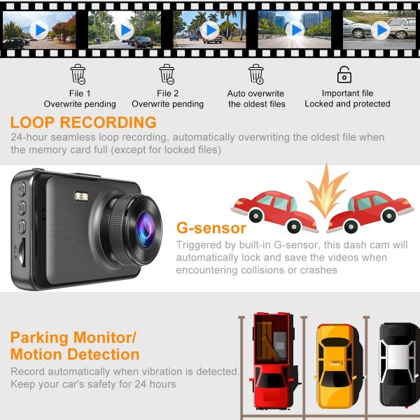 Dash Camera with SD Card Included, Dashcams for Cars Front Full HD 1080P Dash Cams 170??Wide Angle Dashboard Cameras for Trucks with Night Vision 3??IPS Screen Loop Recording G-Sensor Parking Monitor - Image 3