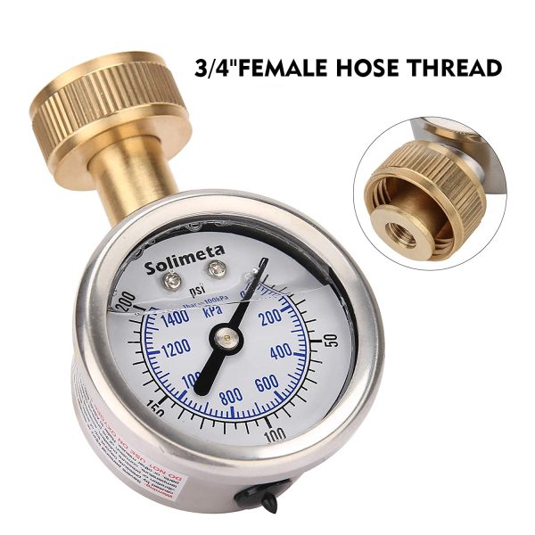 Solimeta 2" Glycerine Filled Stainless Steel Water Pressure Test Gauge, 0-200 psi/kpa, 3/4" Female Hose Thread - Image 2