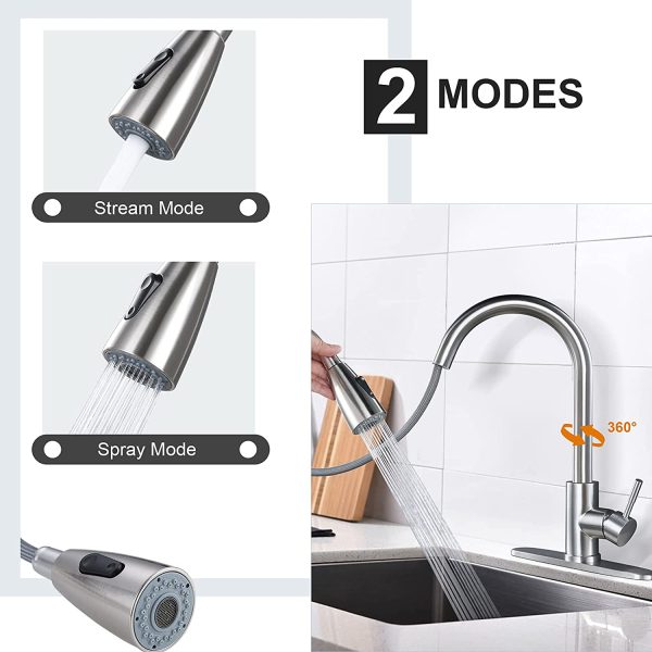 Single Handle High Arc Pull Out Sprayer Kitchen Faucet Lead-Free Stainless Steel Kitchen Sink Faucet 360 Swivel Modern Brushed Nickel Pull Down Head Commercial Faucets with Deck Plate - Image 2