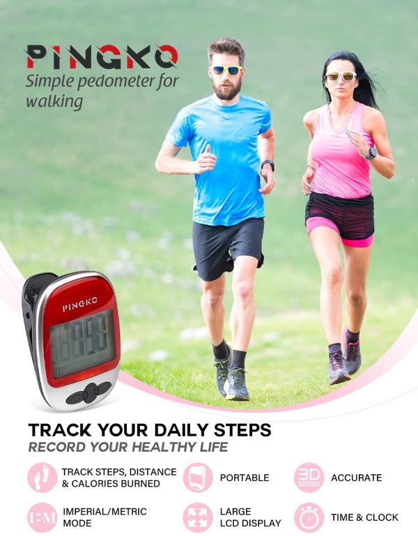 PINGKO Best Pedometer for Walking Accurately Track Steps Multi-Function Portable Sport Pedometer Step/Distance/Calories Counter Fitness Tracker - Red - Image 3