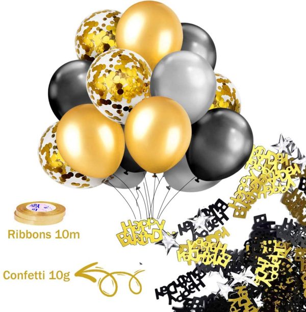 MOVINPE Black Gold Birthday Balloon Decoration, Happy Birthday Heart Star Fringe Curtain Foil Tablecloth Foil Confetti Balloons 10g Table Confetti For Boy Women Birthday Wedding Party