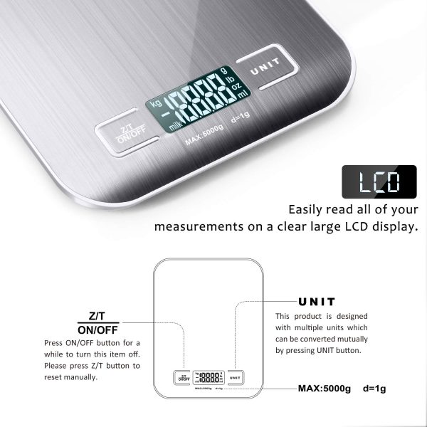 Kitchen Scale, Digital Food Scale, Multifunction Accuracy Scale LCD Display,Stainless Steel Digital Scale with Blue Protective Film (11lb) - Image 4