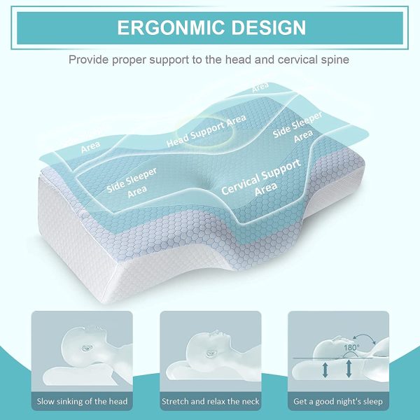 Memory Foam Pillow for Sleeping, Cervical Contour Orthopedic Pillow Relief Neck & Shoulder Pain Ergonomic Bed Pillow with Cooling Ice Silk Pillowcase for Side/Back/Stomach Sleepers