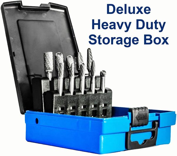 10PC Carbide Burr Set 1/4" Shank,Tungsten Double Cut Rotary Die Grinder Bits - Cutting Burrs for Fordom and Die Grinder Accessories - Wood Carving Metal Working & Sturdy Storage Case - Image 6