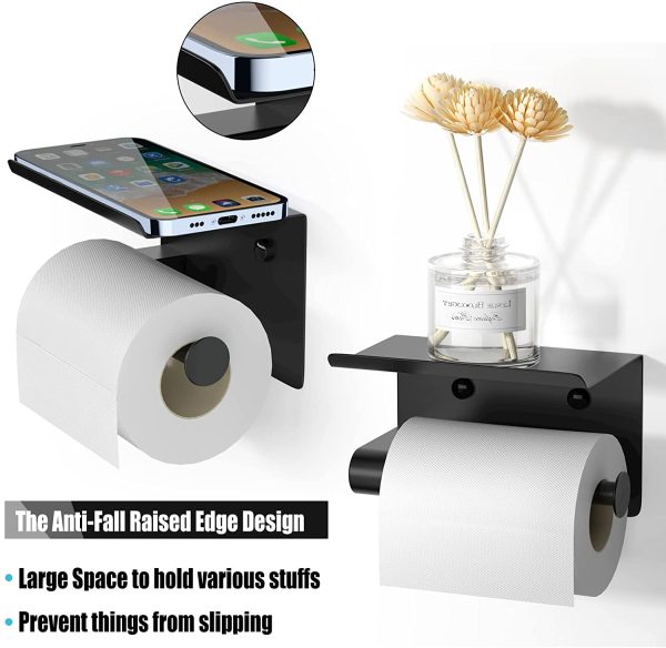 Toilet Paper Holder with Shelf Black:  Toilet Paper Holder Wall Mounted, SUS 304 Stainless Steel Toilet Paper Roll Holder for Bathroom Kitchen Washroom RV, Self Adhesive or Screw - Image 7