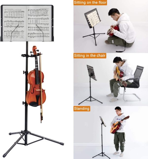 Klvied Sheet Music Stand with Violin Hanger, Folding Music Stand, Portable Fortable Music stand for Sheet Music, Violin Music Stand with Travel Case, Light, Black - Image 5