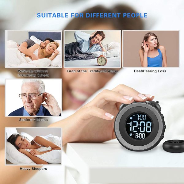 Loud Dual Alarm Clock with Bed Shaker - 0-100% Dimmer, Vibrating Alarm Clock for Heavy Sleepers or Hearing Impaired, Easy to Set, USB Charging Port, Snooze, Battery Backup