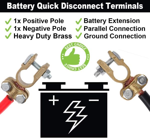 Heavy Duty Brass Battery Terminals Connectors Clamps, Battery Quick Release Connectors, Positive & Negative Copper Battery Cable Terminals Disconnect Top Post Clamp Truck Van Marine Boat(1 Pair) - Image 2