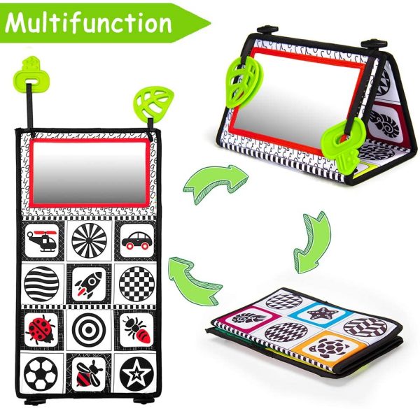 Tummy Time Baby Mirror Floor Mirror Flip Foldable Unbreakable with High Contrast Patterns and Teether Car Seat Mirror for Newborn Infants Discovery Baby Toys