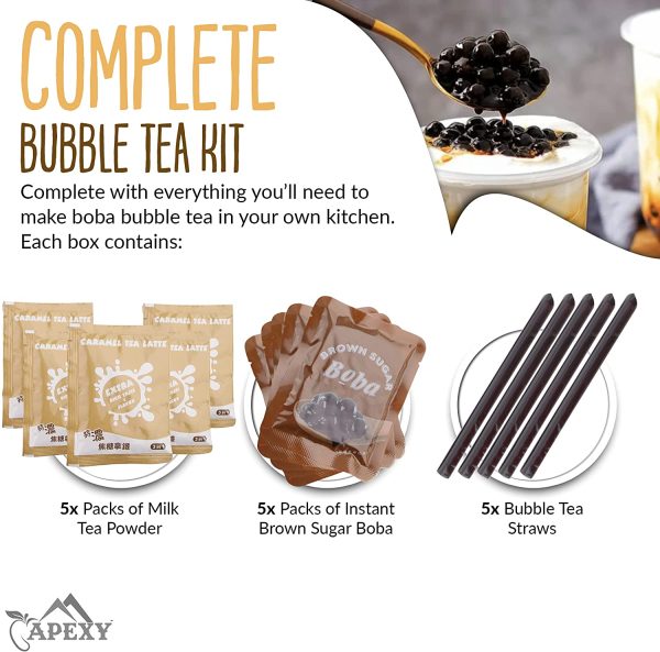 Bubble Tea COMPLETE SET. BEST DIY Boba / Bubble Tea Kit, Ready In 45 Seconds, 5 Packs Milk Tea Powder + 5 Packs Brown Sugar Tapioca Pearls+ 5 Bubble tea Straws By  (Caramel) - Image 4