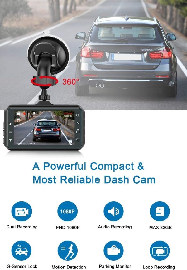 Dash Cam Front and Rear  Dual Dash Cam 3 inch Dashboard Camera Full HD 170?? Wide Angle Backup Camera with Night Vision WDR G-Sensor Parking Monitor Loop Recording Motion Detection - Image 2