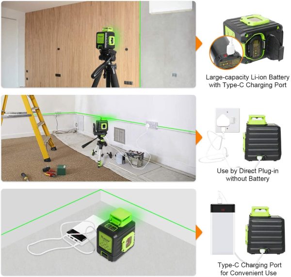 Cross Line Laser Level, Green 360?? Horizontal and Two Vertical Lines, Self-Leveling Alignment Multi Line Laser Tool, Li-ion Battery with Type-C Charging Port & Hard Carry Case Included - B21CG - Image 3