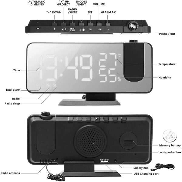 Projection Alarm Clock, LED Digital Alarm Clock with Mirror Surface, USB Charging Port, Snooze,Dual Alarm, FM Radio, Temperature and Humidity, 12/24H Setting, Home Decor Bedroom Small Desktop Alarm Clock(Black)