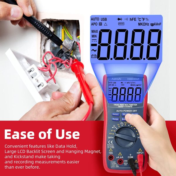 AstroAI Digital Multimeter TRMS 6000 Counts Volt Meter Ohmmeter Auto-Ranging Tester; Accurately Measures Voltage Current Resistance Diodes Continuity Duty-Cycle Capacitance Temperature for Automotive - Image 4