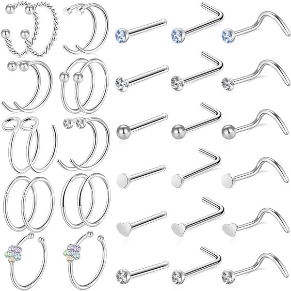 ONESING 36-40 Pcs Nose Rings for Women Nose Studs Nose Rings Hoop 20G Piercings Jewelry Screw Stainless Steel for Women Men - Image 5