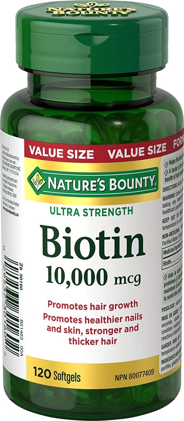 Nature's Bounty Biotin, 10000mcg, Softgels, Promotes Hair Growth, Thicker Hair, Healthy Skin and Nails, Helps body metabolize fats, carbohydrates, and proteins, 120 Count, Value SIze