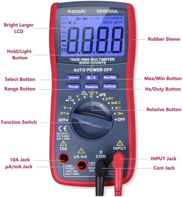 AstroAI Digital Multimeter TRMS 6000 Counts Volt Meter Ohmmeter Auto-Ranging Tester; Accurately Measures Voltage Current Resistance Diodes Continuity Duty-Cycle Capacitance Temperature for Automotive - Image 2