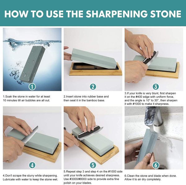 Knife Sharpening Stone Set , Includes 4 Side Grit 400/1000 3000/8000 Whetstone Knife Sharpener Kit,Safe Whetstone Knife Sharpener,Non-Slip Bamboo Base, Angle Guide,Polishing Compound??Leather Strop, Flattening Stone,Razor strop,rubber holder and honing guide - Image 6