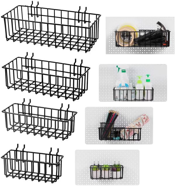 Pegboard Baskets, Set of 4 Black - Hooks to Any Peg Board - Square Style Wire Shelf Baskets - Organize Tools, Workbench, Accessories, Garage Storage - Image 5