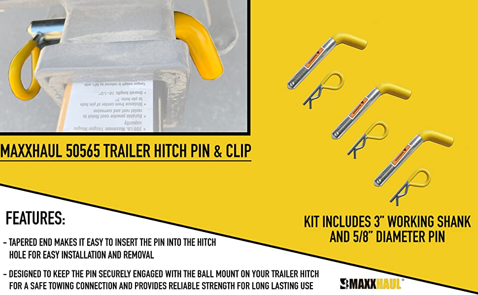 3 Pack Trailer Hitch Pin Clip with Rubber-Coated Vinyl Yellow Grip, 5/8" Diameter, Fits 2" Receiver