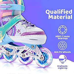 NEMONE Mermaid 4 Size Adjustable Light up Inline Skates for Girls 2-12