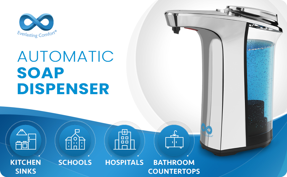 Everlasting Comfort Automatic Soap Dispenser works in kitchens, bathrooms, schools, and hospitals