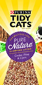 Purina Tidy Cats brand litter for multiple cats. Pure Nature clumping litter. Cedar, pine and corn.