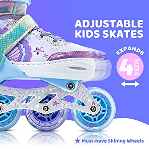 NEMONE Mermaid 4 Size Adjustable Light up Inline Skates for Girls 2-12