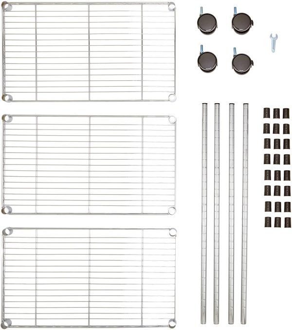 Amazon Basics 3-Shelf Adjustable, Heavy Duty Storage Shelving Unit on 4'' Wheel Casters, Metal Organizer Wire Rack, Chrome (23.2L x 13.4W x 32.75H) - Image 2