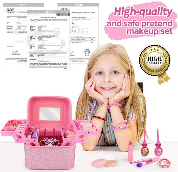 balnore 34 Pcs Kids Makeup Toys Real Girls Makeup Kit Washable Makeup Toy Set with Fashion Portable Makeup Box Including, Eye Shadows, Lipstick, Liquid Foundation, Nail Polish, Wig and Royal Crown - Image 4