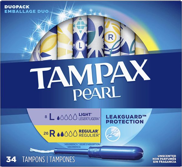 Tampax Pearl Tampons, Duo Pack Light/Regular Absorbency with Leakguard braid, Unscented, 34 Count - Image 6