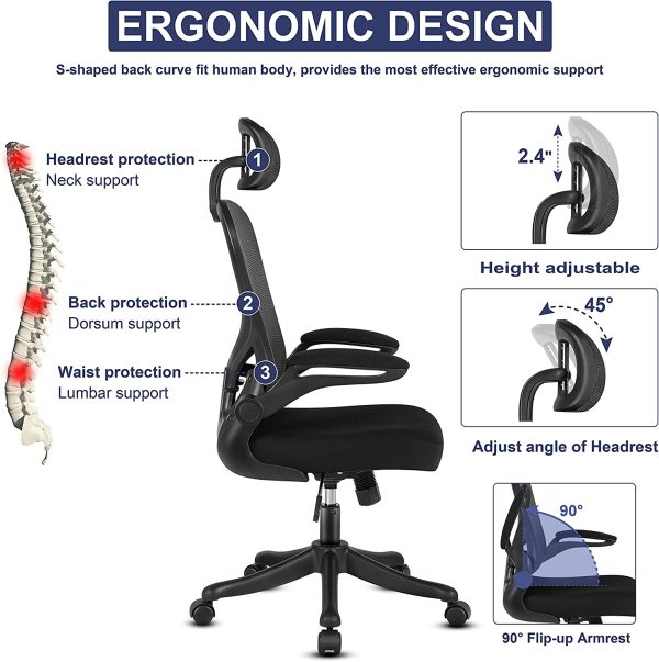 Desk Chair, Home Office Chair, Task Chair, Mesh Computer Chair, Office Chair with Headrest, Ergonomic Chair with Adjustable Lumbar Support and Flip-up Armrest for Work or Study (Black) - Image 2