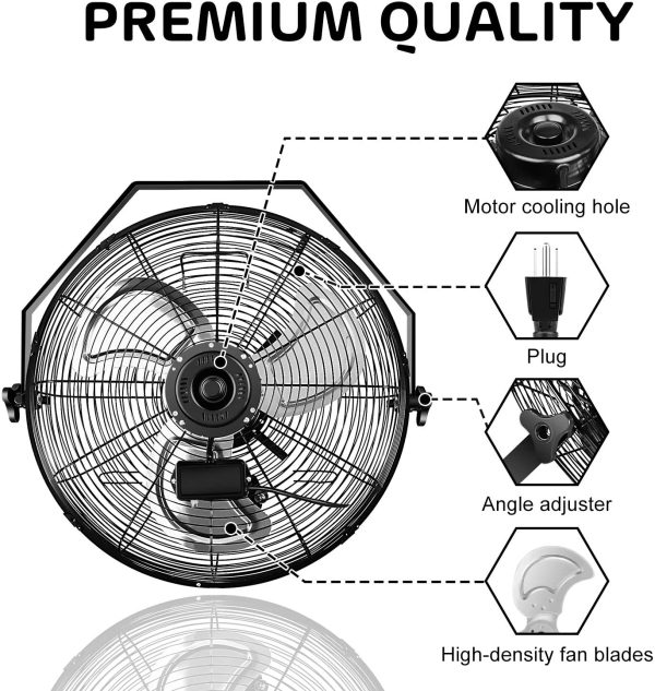 18 Inch Industrial Wall Mount Fan, 3 Speed Commercial Ventilation Metal Fan for Warehouse, Greenhouse, Workshop, Patio, Factory and Basement, High Velocity, Black - Image 5