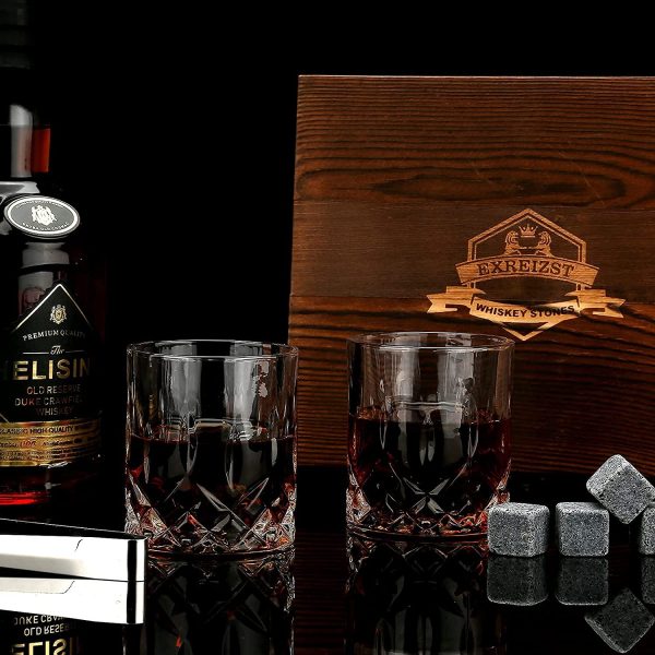 Whiskey Stones Glass Gift Set - Bourbon Scotch Whiskey Glasses Set of 2 - Granite Chilling Rocks in Premium Wooden Box - Best Drinking Gift for Men Dad Husband Father's Day Birthday Holiday Christmas (Cylindrical) - Image 6