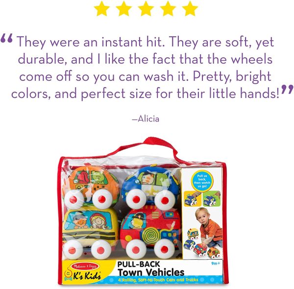 Melissa and Doug K's Kids Pull-Back Vehicle Set - Soft Baby Toy Set With 4 Cars and Trucks and Carrying Case - Image 10