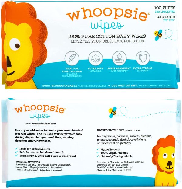 Whoopsie Wipes | Ultra-Soft - 100% Pure Cotton Dry Baby Wipes | Use Wet or Dry | Soft & Sensitive | Extra Strong & Absorbent (6-Pack (600 Count)) - Image 3